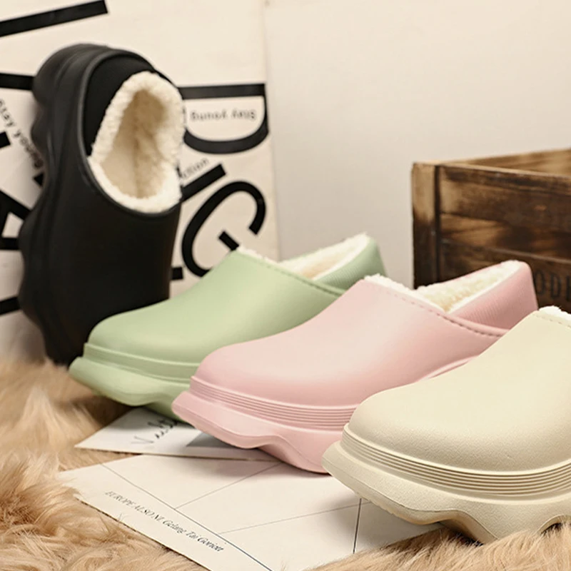 Custom Logo Fur Indoor Home Outdoor Plush Warm Ladies Flat Eva Waterproof Sandals Shoes Cotton Slippers Winter Women Men
