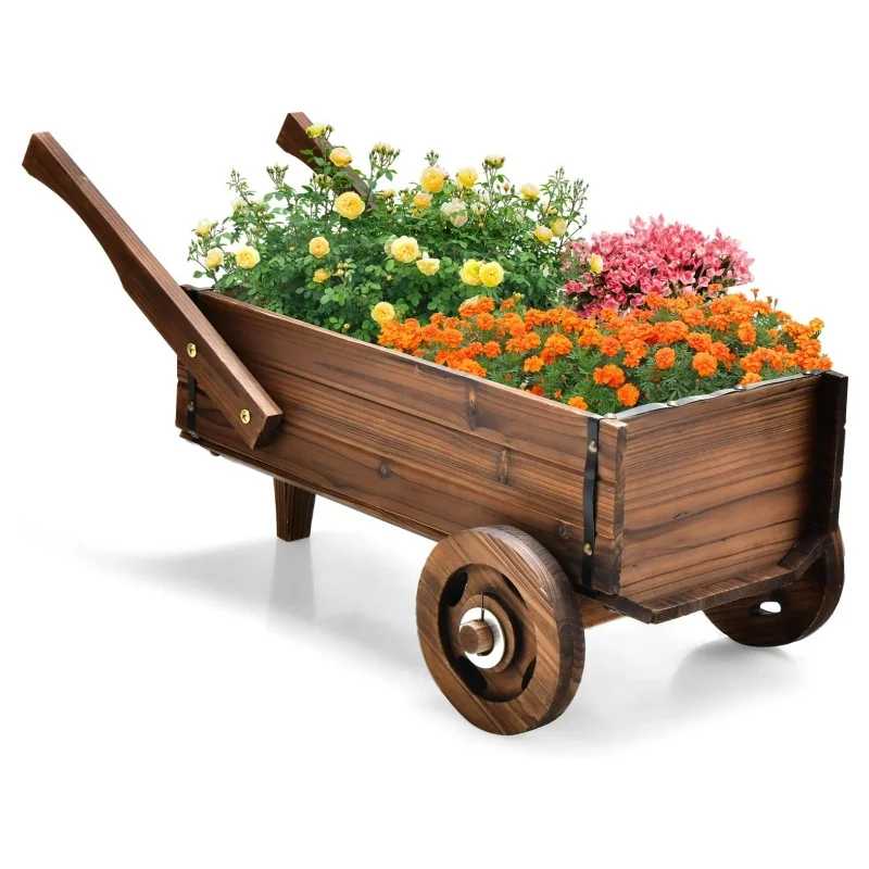 Popular Decorative Wagon Cart with Wheels Drainage Hole Flower Planter Pot Stand Wooden Wagon Planter Box