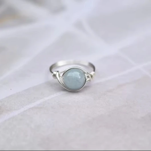 Handmade Custom Boho Blue Gemstone Ring with Aquamarine and Brilliant Cut Diamond for Wedding or Party Silver Wire Jewelry