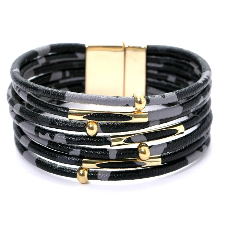 Leopard Bracelets for Women Metal Pipe Charm Multilayer Wide Leather Wrap Bracelet