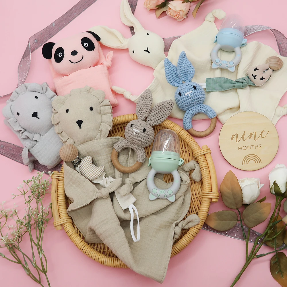 100% Cotton Muslin Teething Cloths Towel Bunny Soothing Baby Security Blanket Toy Set