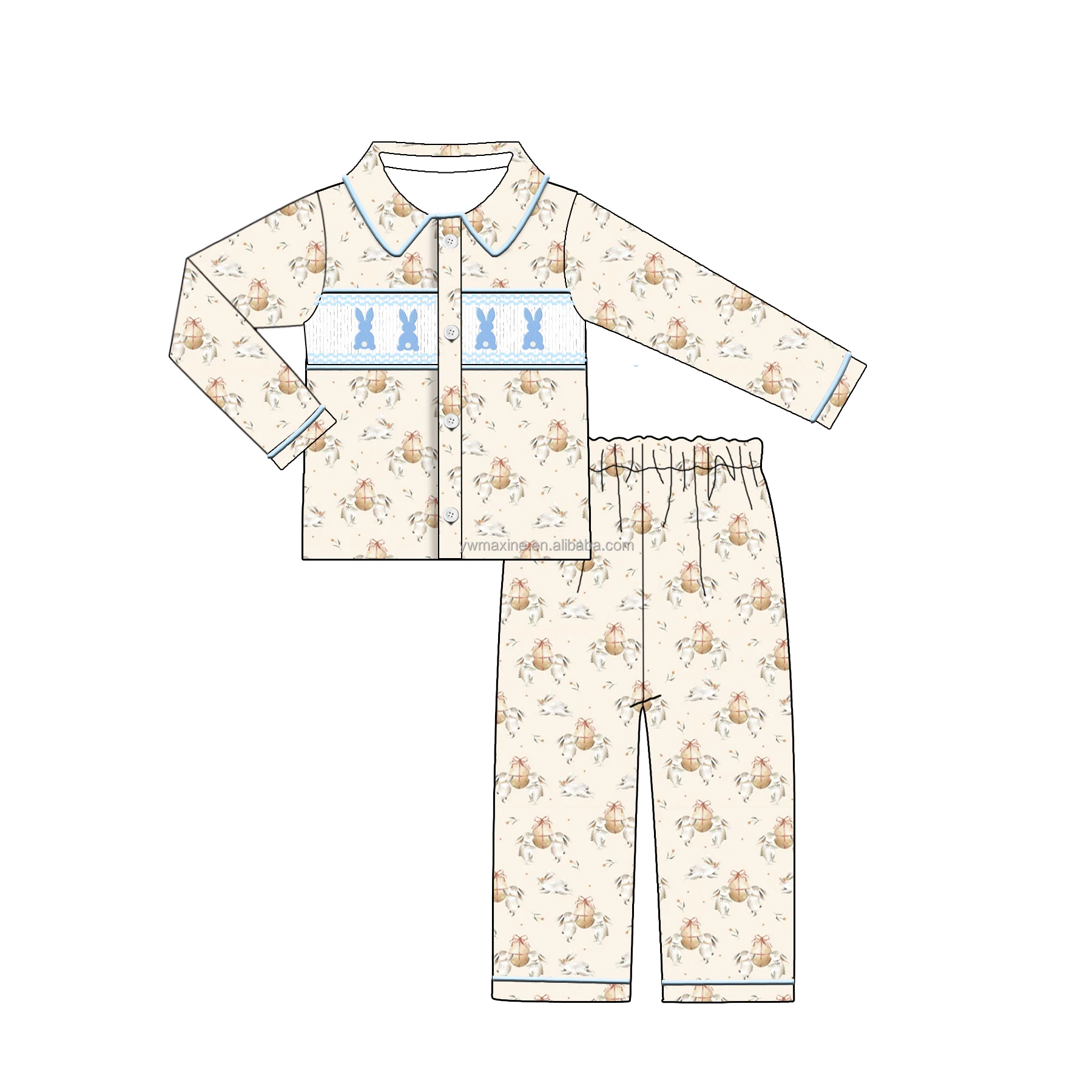 Easter Bunny Egg Designs Children Smocked Clothing OEM Kids Cotton Romper Pajamas with Baby Grow Blankets