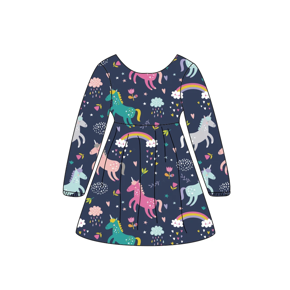 Qingli OEM Новое поступление Детские платья с длинным рукавом для маленьких девочек принтом единорога на день рождения