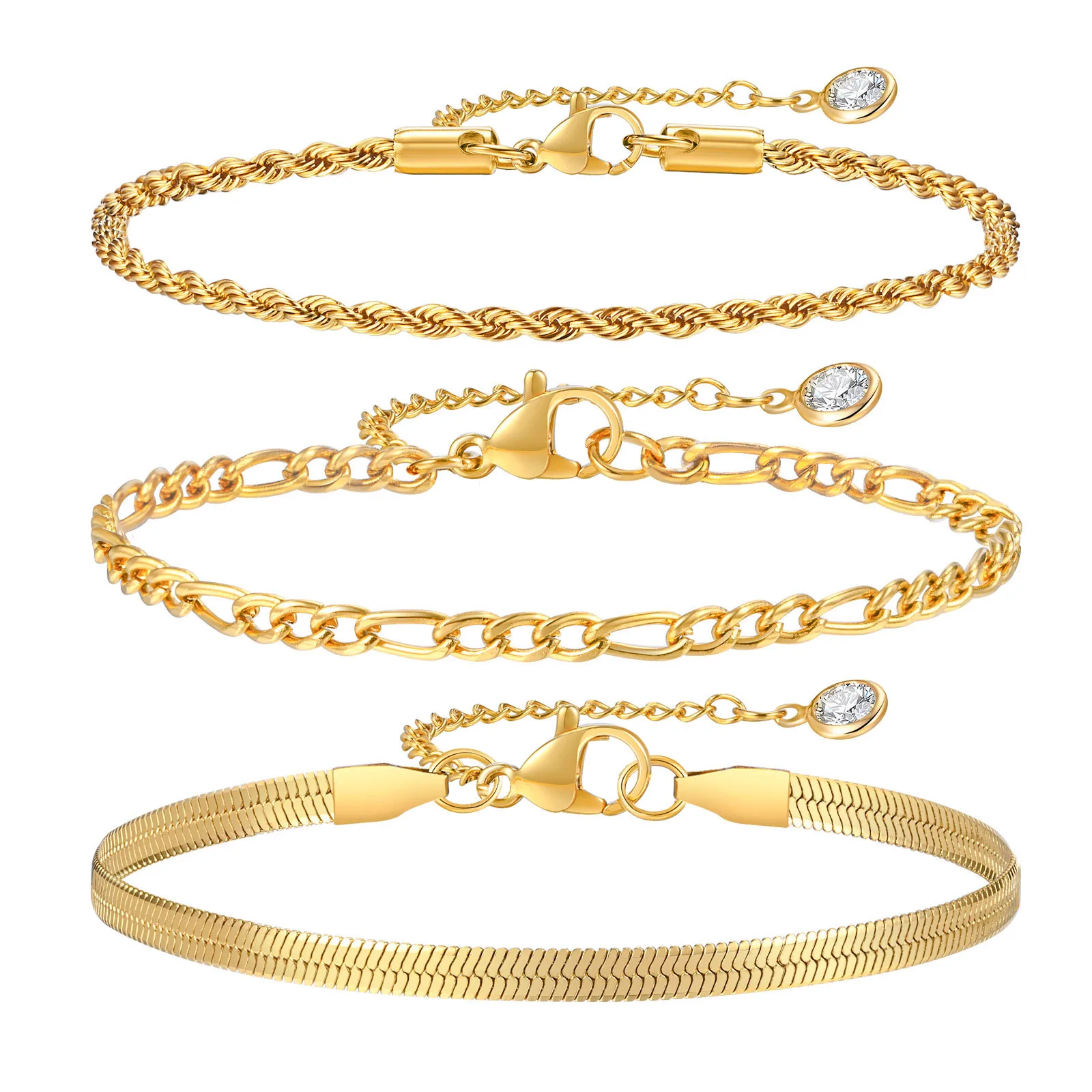 Fashion Jewelry Sets Stacking Snake Bone Knife Chain Zircon 18K Gold Plated For Gift Women Stainless Steel Bracelets