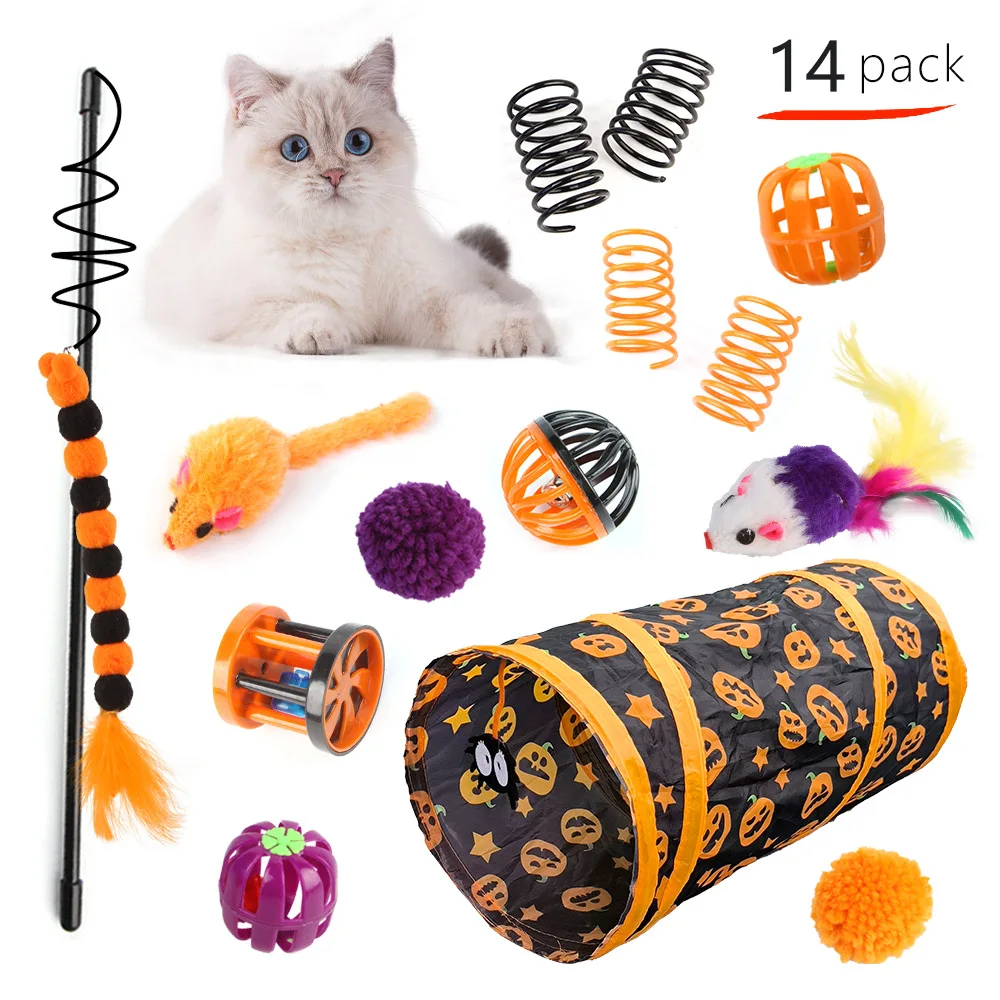 Wholesale Pet Cat Toys Set Luxury Feather Pumpkin Spider Ball Bell Mouse Teaser Interactive Halloween Pet Cat Tunnel Toys Set