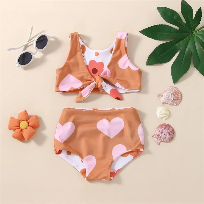 2023 Summer Toddler Kid Swimsuit Two Pieces Top Briefs Bikini Sets Heart Floral Printed Reversible Baby Girl Swimwear Beachwear