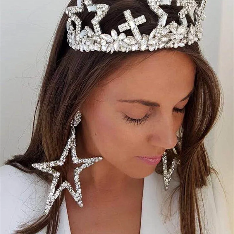 Потрясающие серьги Kaimei со стразами и звездой, Подвесные серьги для женщин, модные ювелирные изделия, серебряные большие эффектные серьги