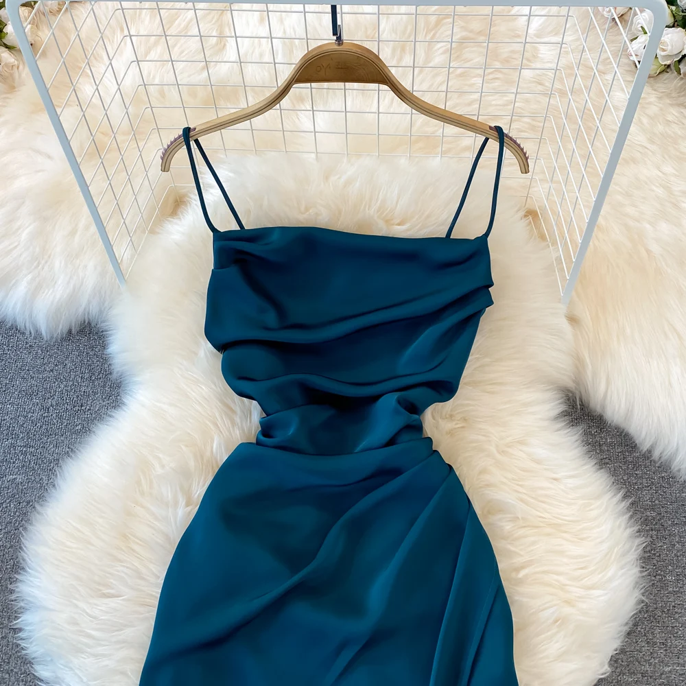 ZL0002 Solid Colour Strapless Midi Party Dresses for Women Sexy Pleated Split Prom Dress in Woven Cloth with Pattern Decoration