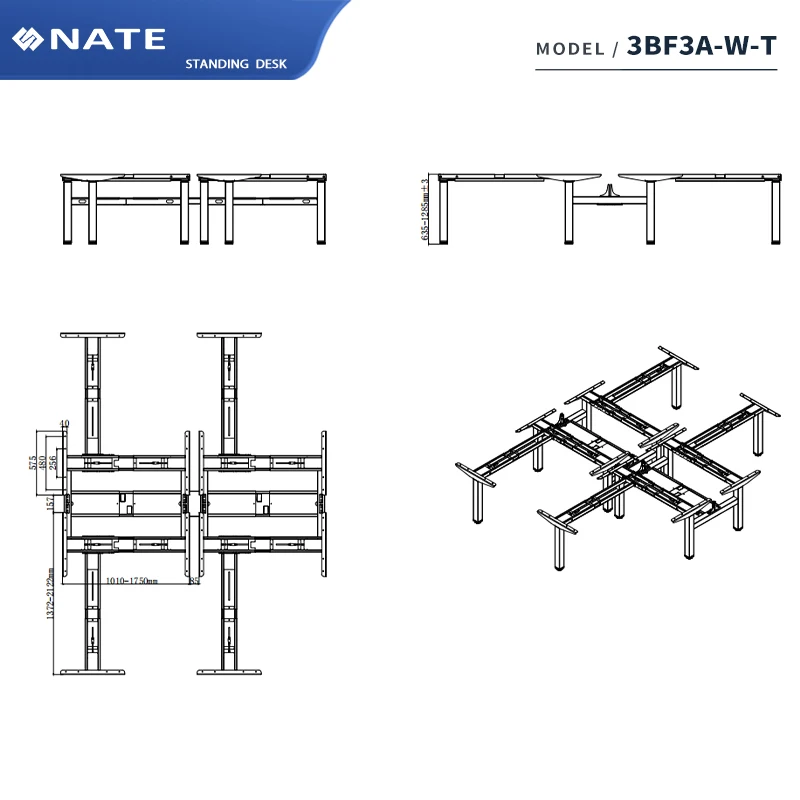 3BF3A-W-T Modern Office Work Station Table Office Furniture 4 Person Staff Workstation Height Adjustable Standing Desk Frame