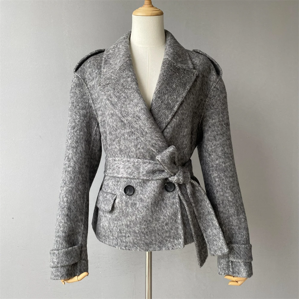 Wholesale Thick Warm Custom Short Style Double Faced Wool Outerwear Belt Elegant Soft Winter Long Sleeve Women Grey Wool Coat