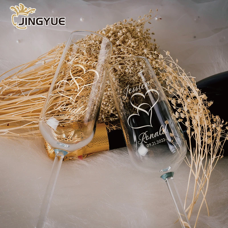 Customized Logo Engraved 7oz Personalized Toasting Champagne Flute Glasses Set with Gift Box for Wedding Bridal Party Engagement
