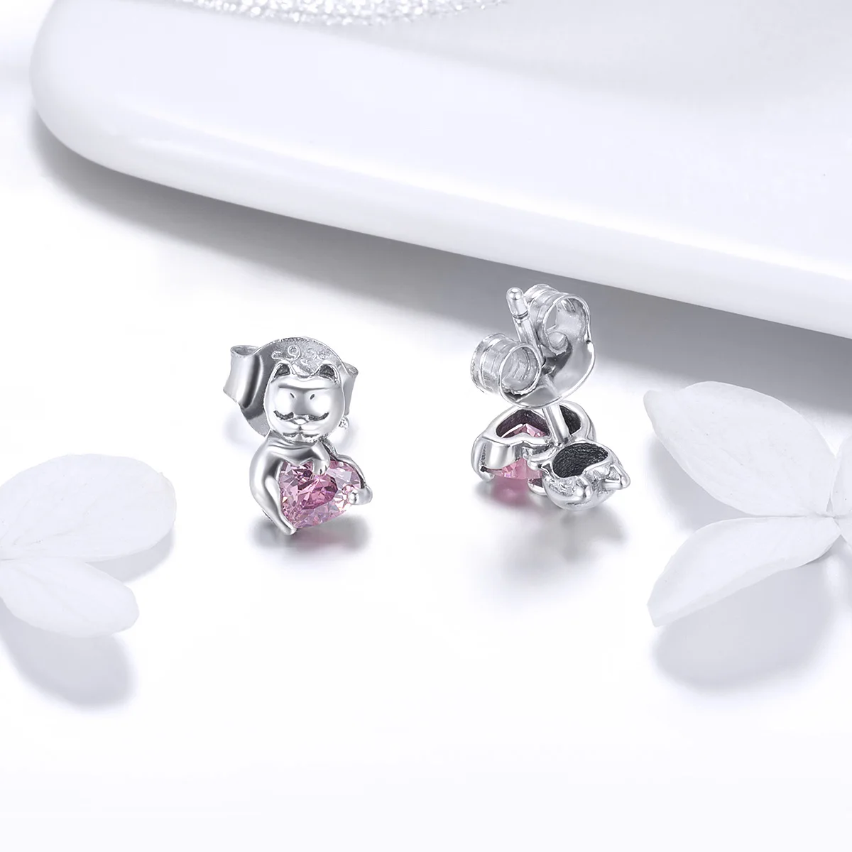 Factory 925 Sterling Silver Cat Pussy Pink Cubic Zircon Small Stud Earrings for Women Fashion Silver Jewelry Gift SCE453