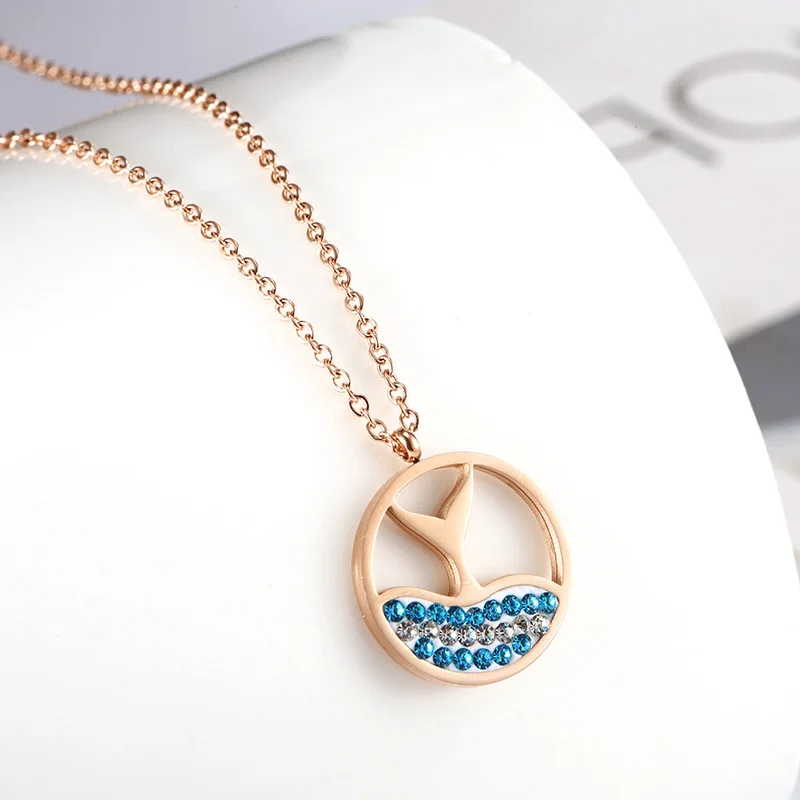 Stainless Steel Rose Gold Dolphin Tail Bling Stones Fashion Pendant Necklace