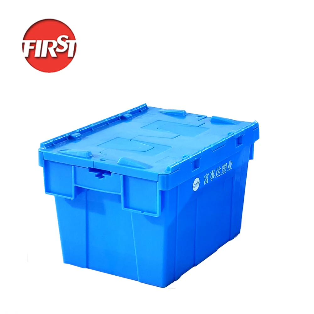 FIRST plastic box packaging industry stackable storage attached lid containers plastic fish crates