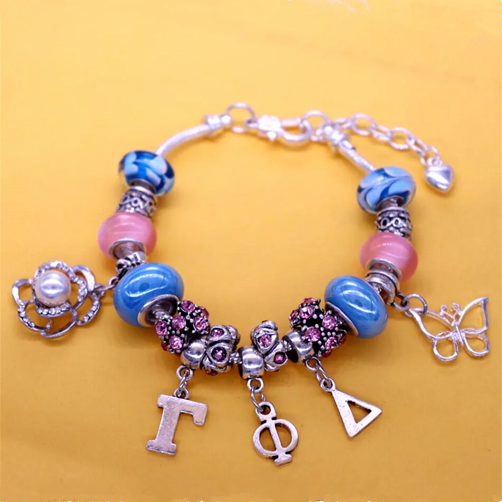 Wholesale silver plated snake chain bracelet greek letter Gamma Phi Delta sorority souvenir jewelry butterfly charms  bracelet