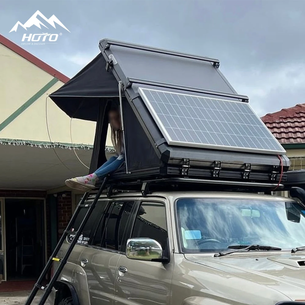 HOTO triangle hard shell rooftop tent outdoor car camping tent aluminum hardshell roof top tents with solar panel