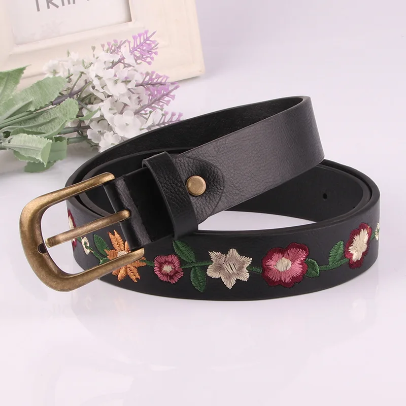 Fashion popular embroidery style women Simple and versatile jean belt female alloy buckle waist belt daily used Ladies belt