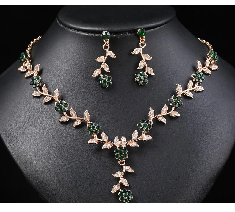 New Design Bridal Wedding Jewelry Set Women Girls Crystal Rhinestone Flower Necklace Earring Set For Dress