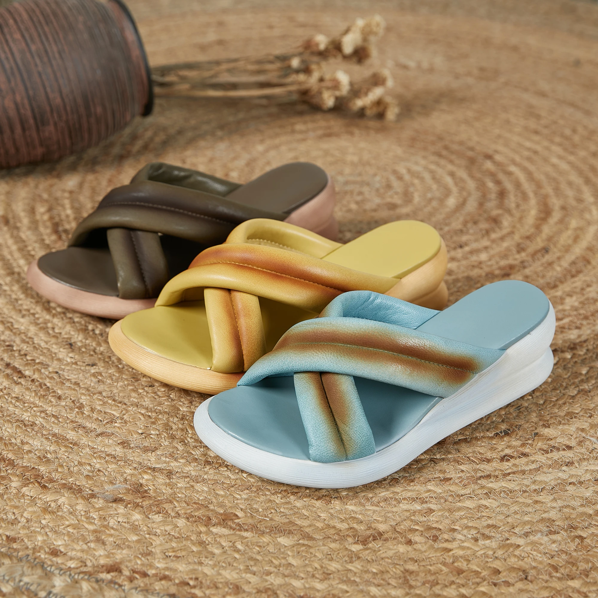 2023 wholesale custom factory sheepskin leather slides wedges light colorful soft sole for women ladies slippers shoes