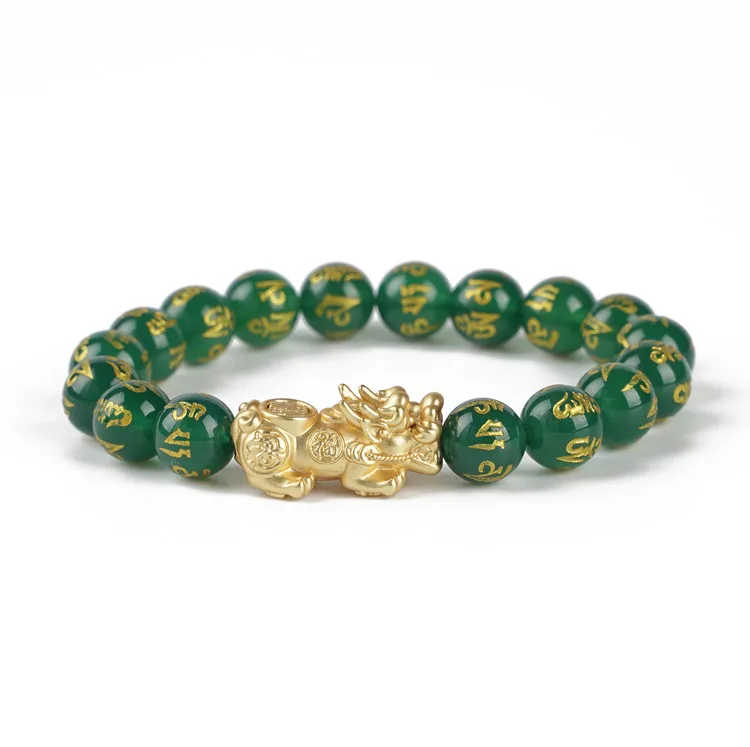 2024 Hot sale Good luck fortune jewelry 10 mm green agate bead bracelet Copper Pixiu Feng Shui wealth bracelet