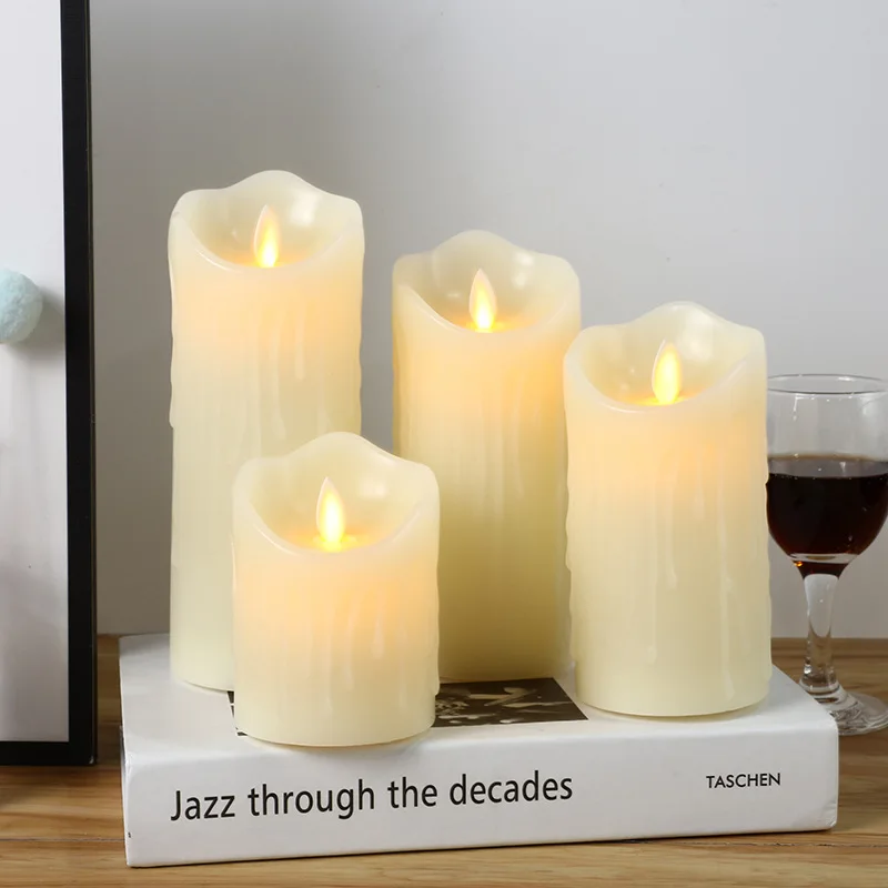 Ivory White 2*AA Battery USB Chargeable Remote Operate Moving Wick Flameless Paraffin Plastic LED Candle for Wed Table Deco