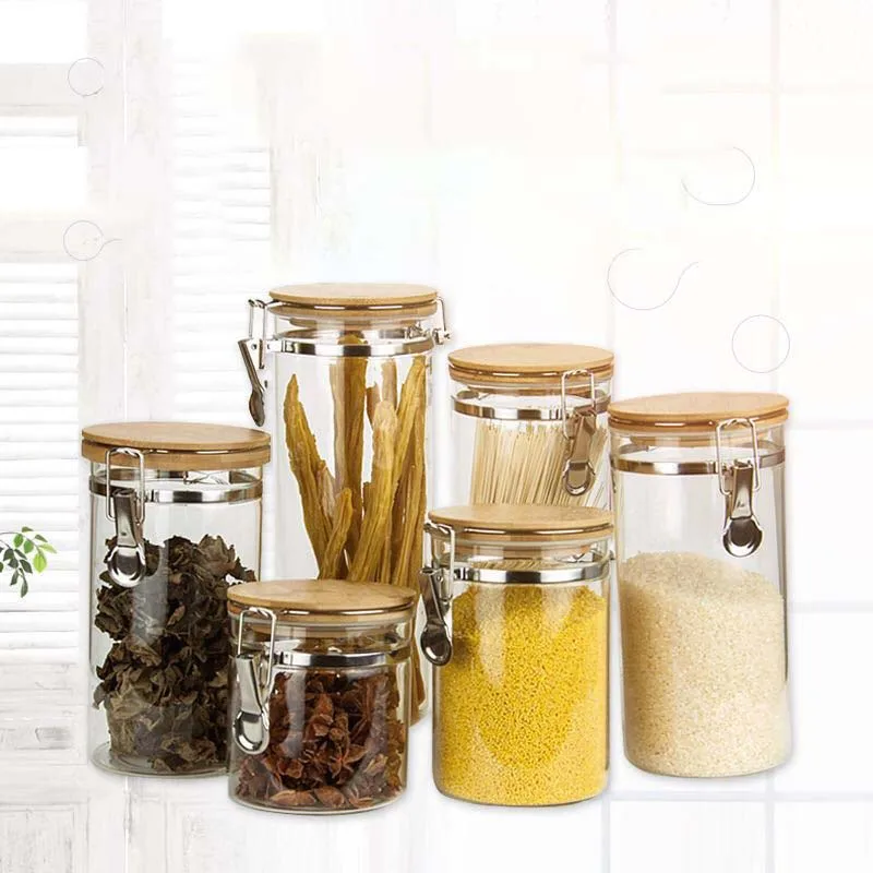 Wholesale Sealed Storage Glass Canister Airtight Storage Jar with Bamboo Lid Kitchen Pantry Container for Spaghetti Pasta