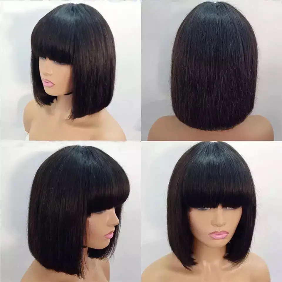 Straight Bob Human Hair Wigs with Bangs Short Brazilian Hair Bob Wigs for Woman No Lace Full Machine Made Human Hair Wigs Long