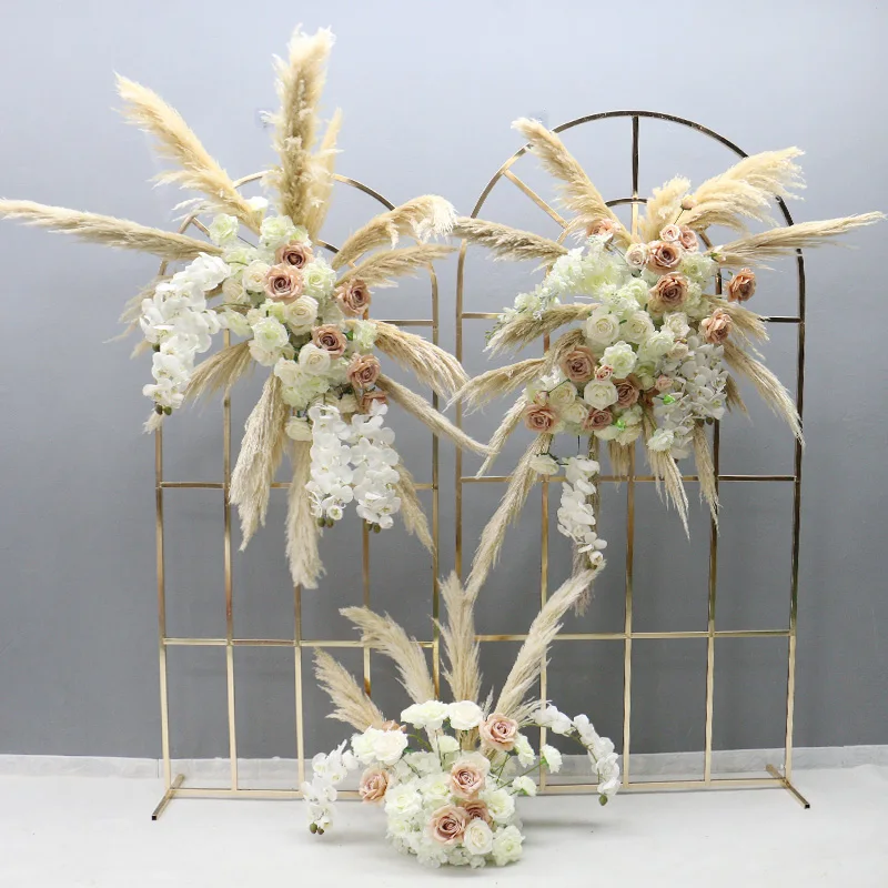 Artificial Orchid Natural Dried Pampas Grass Flower Row Arrangement Wedding Backdrop Arch Decor Hang Floral Marraiage Display