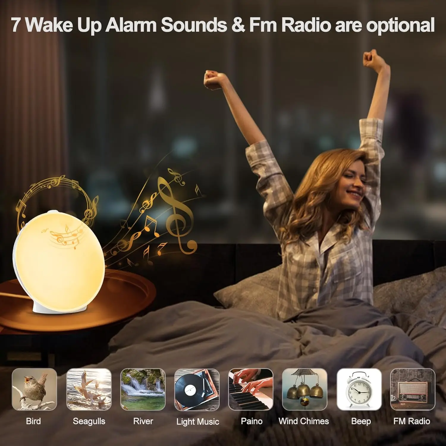 Wake Up Light Sunrise Simulation Alarm Clock Dual Alarms FM Radio Snooze 7 Colors 7 Natural Sounds Sleep Aid for Heavy Sleepers