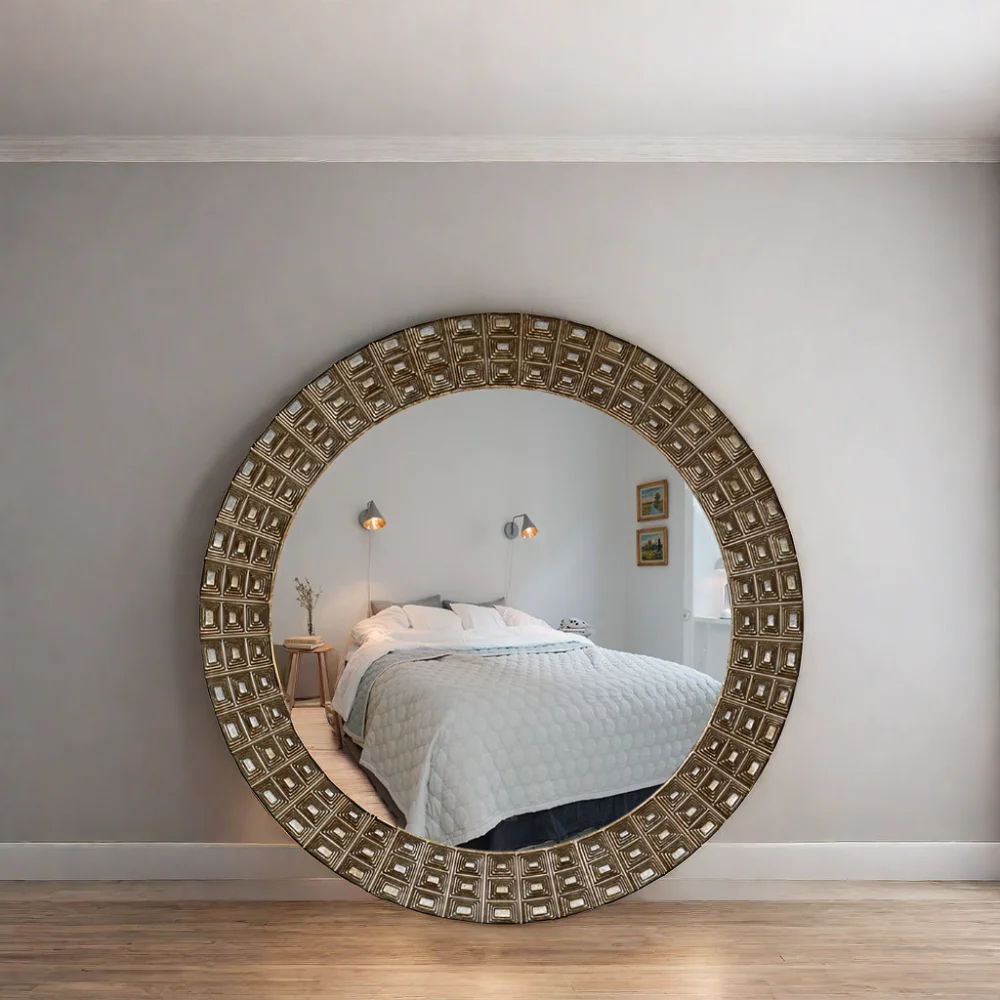 custom luxury salon bathroom home decor modern large round PU framed big circle full body hanging miroir wall mirror espejo