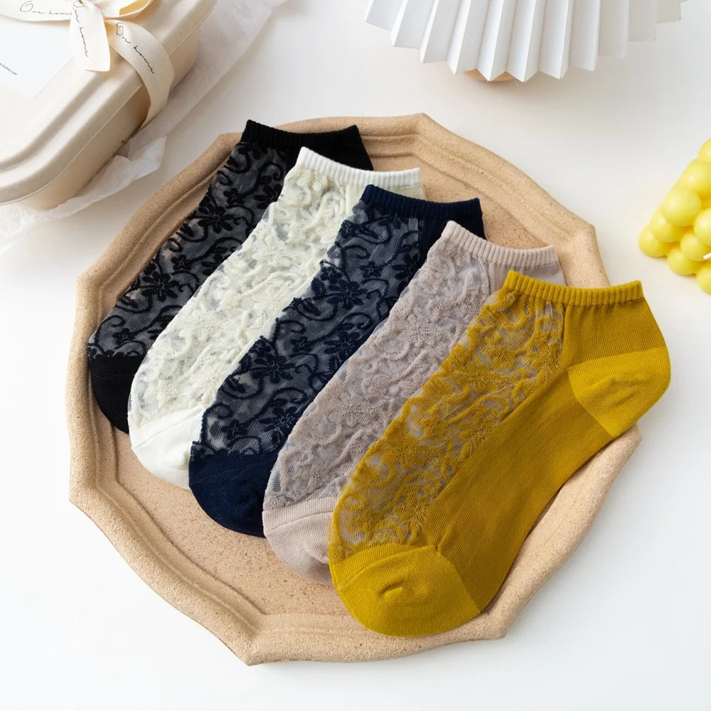 Wholesale twill mesh womens ankle net socks with lace knitted anti-slip breathable socks for ladies