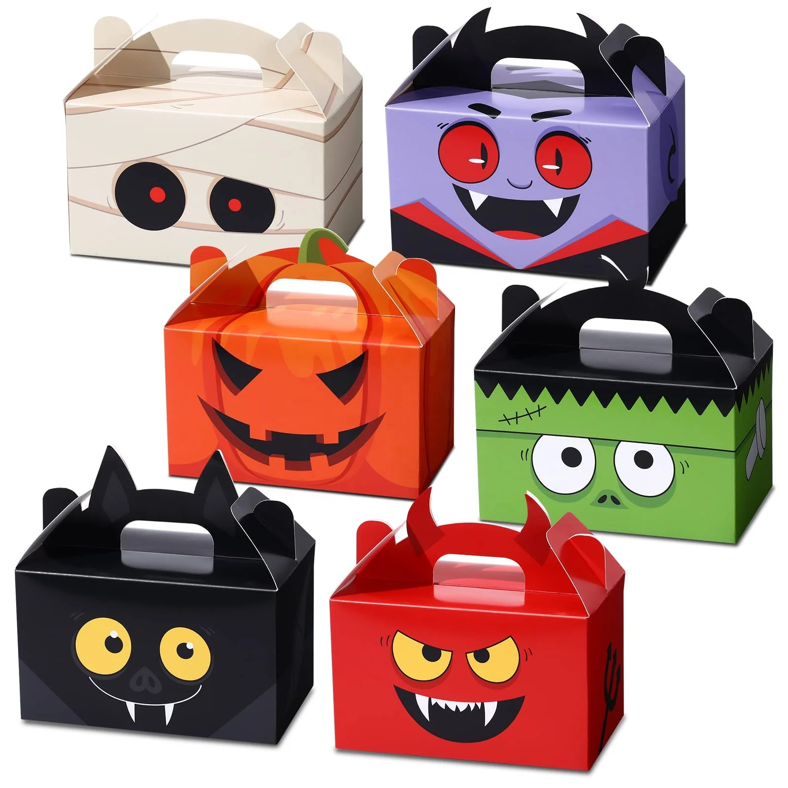 Classic Trick Or Treat Patterns Cardboard Box Goodie Candy Gable Treat Paper Box Halloween With Handle For Party Decorations