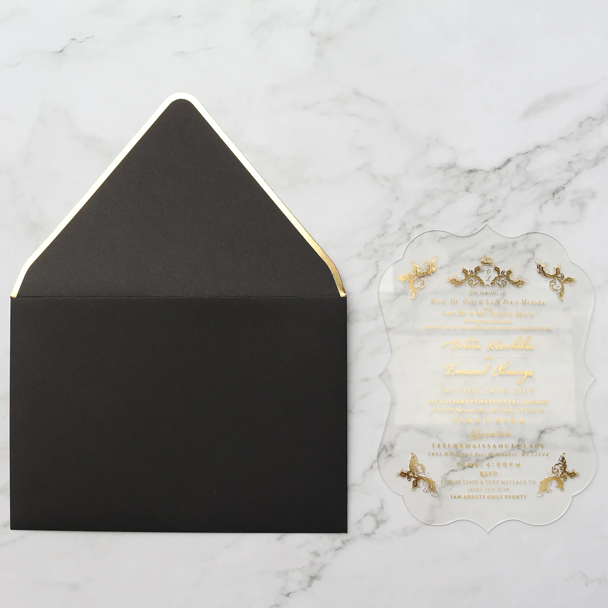 Creative Custom Shape Hindu Wedding Invitation Cards Clear Acrylic with Gold Foil Edge Envelope