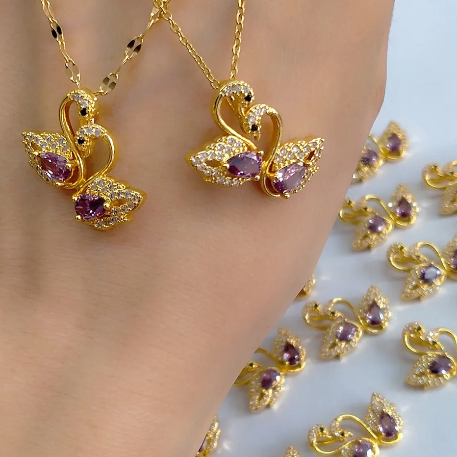 Dubai Jewelry Wholesale Cheap Jewelry Copper Gold Plated Swan Pendant Necklace Zircon Pendant