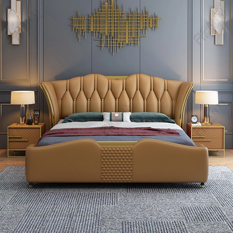 Wholesale luxury home bedroom furniture Italian hotel gold metal wooden beds king size leather headboard bed sheets