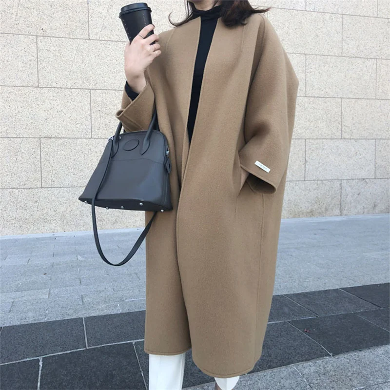 7-Color spot 2024 winter new coat temperament commuting solid color straight loose woolen coats for woman
