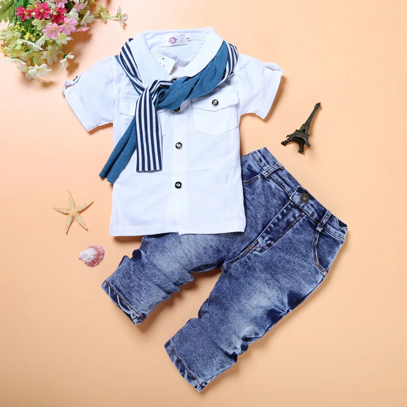 Online Store Alibaba Children Clothing Sets Cotton Shirt And Jean Pant And Scarf Of Boys