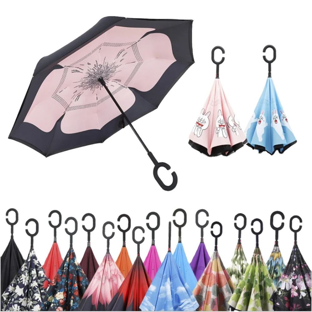 Windproof Reverse Umbrellas for Women with UV Protection Upside Down Umbrella with C-Shaped Handle