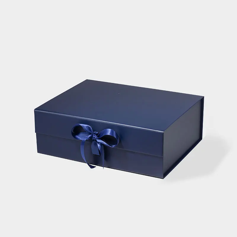 Customize Navy Blue Color Popular A4 Deep Size Rigid Ribbon Gift Box Packaging with Magnetic Lid