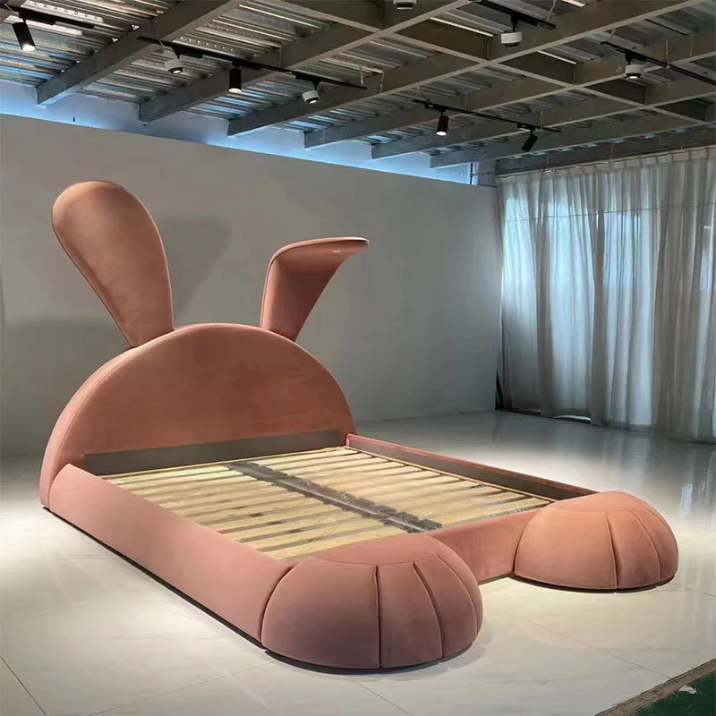 Luxury Children Bed room Furnitures Creative Animal Rabbit Shaped Child Beds The Modern Velvet Metal Frame Leg Kid Bed For Kids