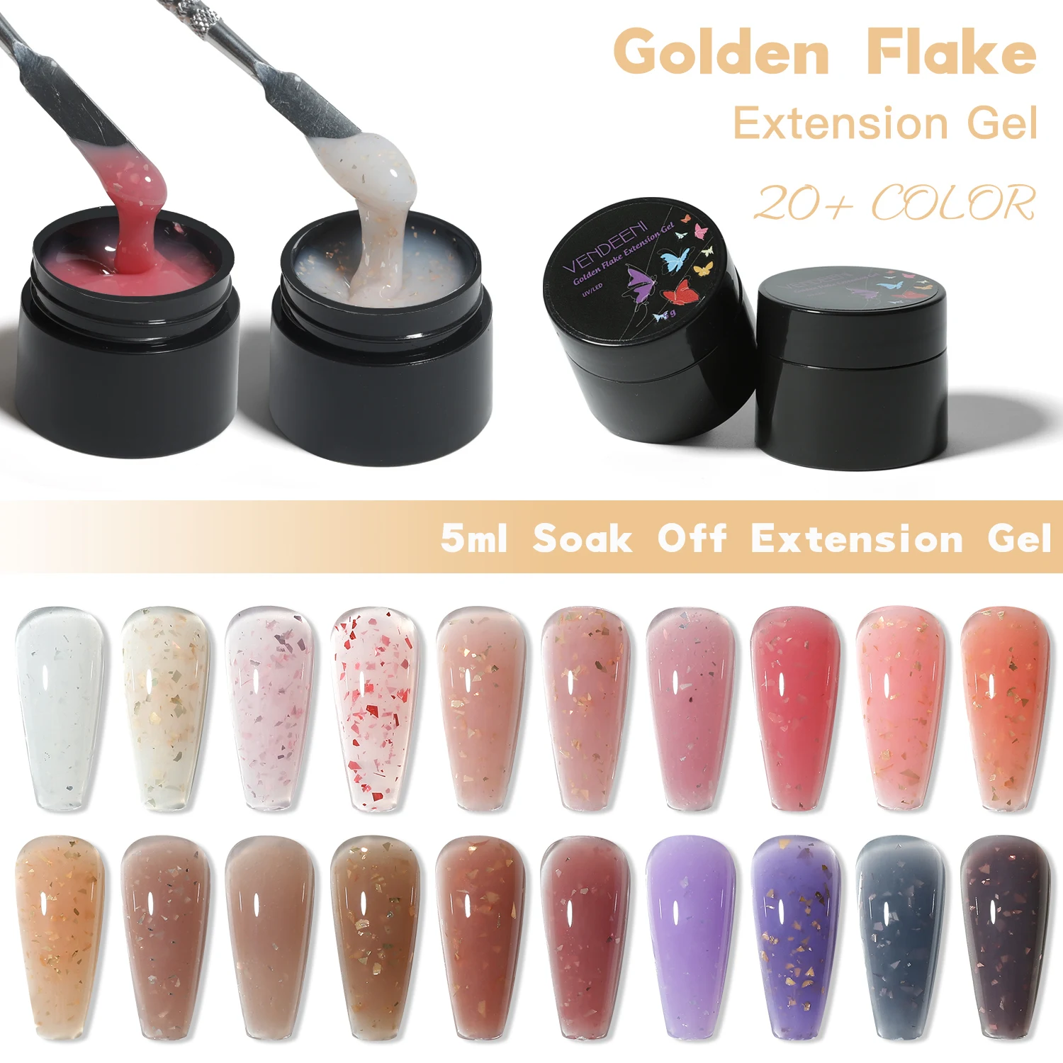 Vendeeni gold flake gel for nail extension 20 colors poly gel nail kit hema free gel builder for nails low moq wholesale