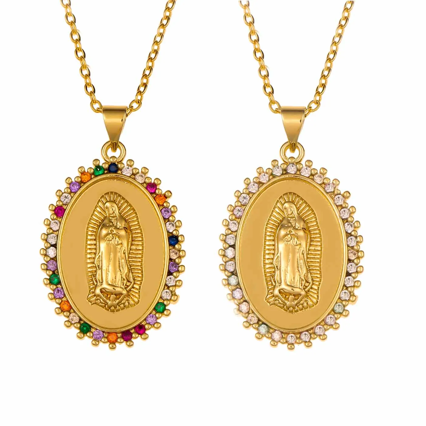 Fashion Oval Coin Medallion Religious Pendant Copper Plated 18k Gold Drop Oil Cubic Zircon Virgin Mary Necklace