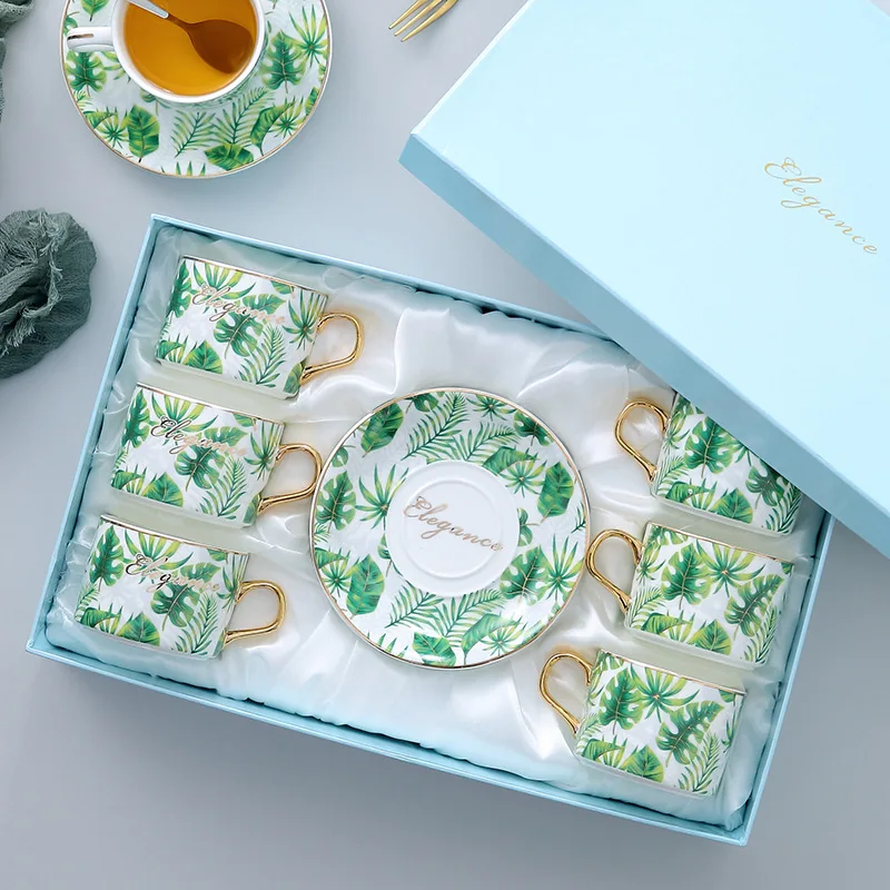 Luxury gift box coffee cup set palm leaf printed tea cup and saucer gold handle cup set of 6
