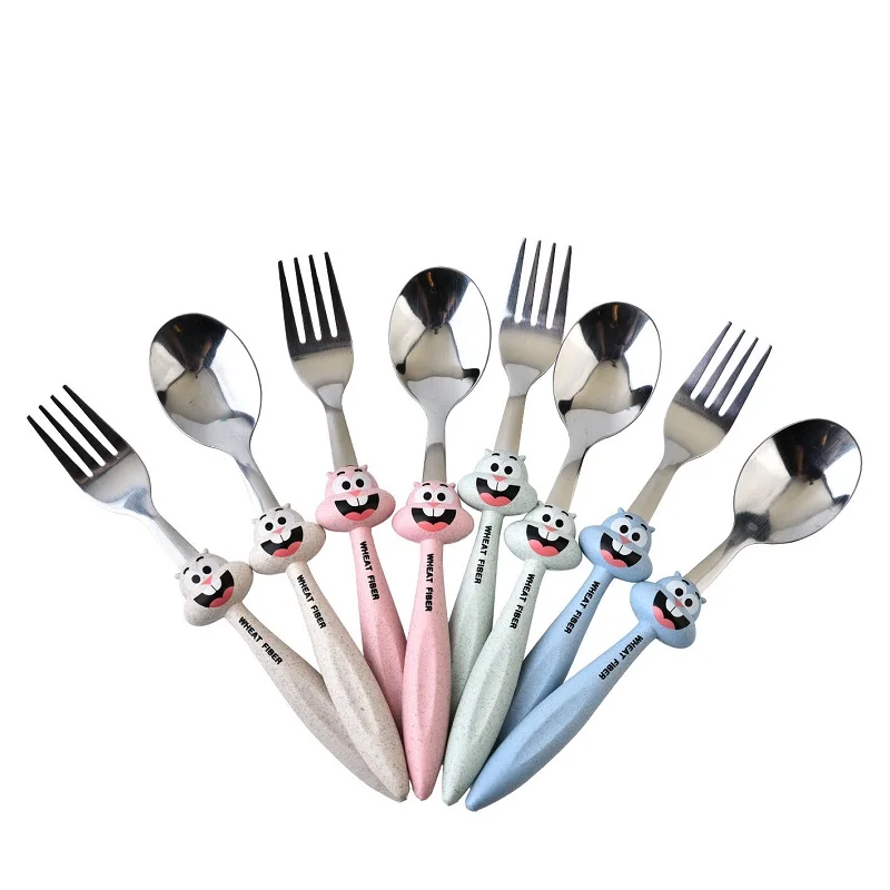 Wheat Straw Fiber Kids Dinnerware Set Stainless Steel Cutlery with Chopsticks Spoon Fork for Travel Disposable Weddings Gifts