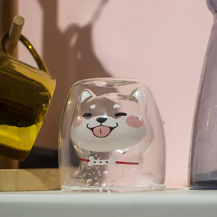 2022 Cute Clear high borosilicate shiba inu design double wall glass cup