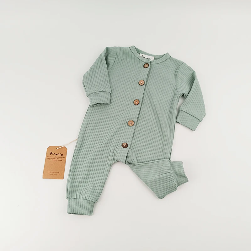 Pinuotu Baby Ribbed Romper Wooden Buttons Custom New Born Ribbed Onesies Baby Clothes Spring Toddler Boys Jumpsuits
