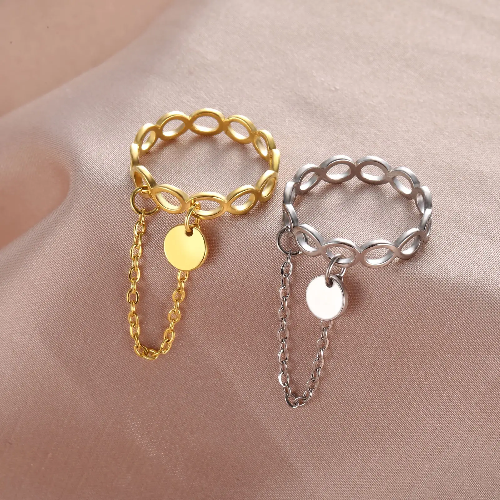 Infinity Ring with Chain Blank Small Charm Luxury Women Rings Fashion Engagement Wedding Tassel Chain Engraved Word