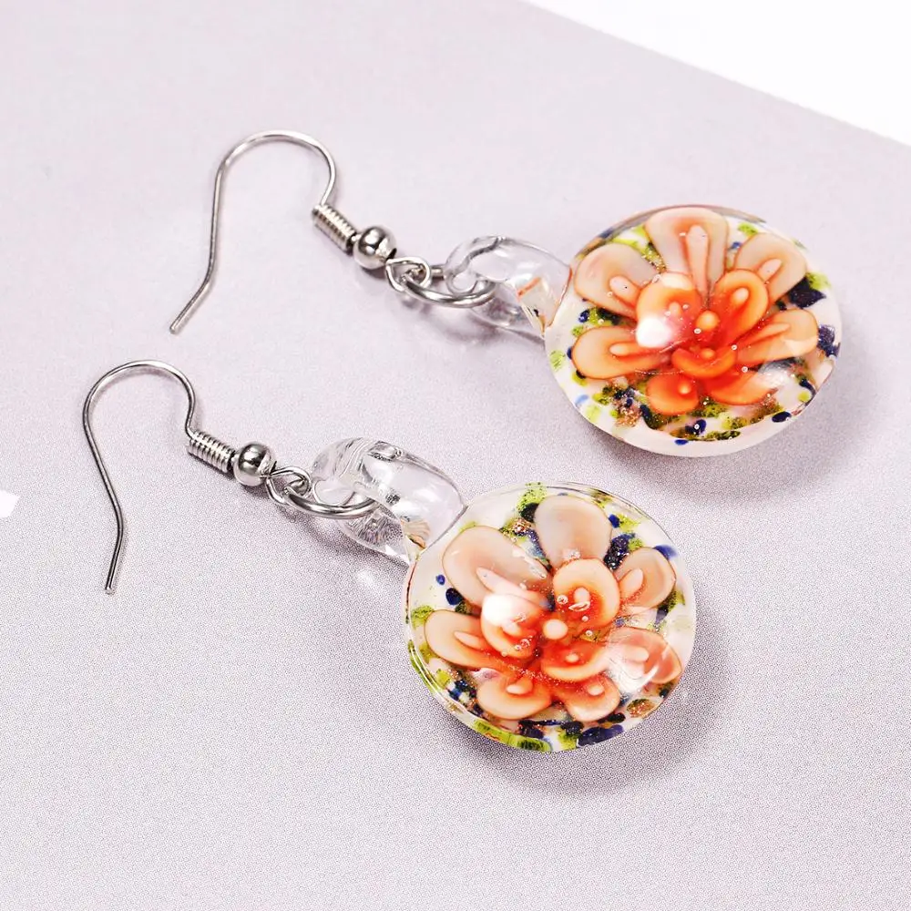 New style Millefiori Inspiration Lampwork Flower Italy Murano Glass Flat Ball Earrings Craft Jewelry Wholesale BHQ030