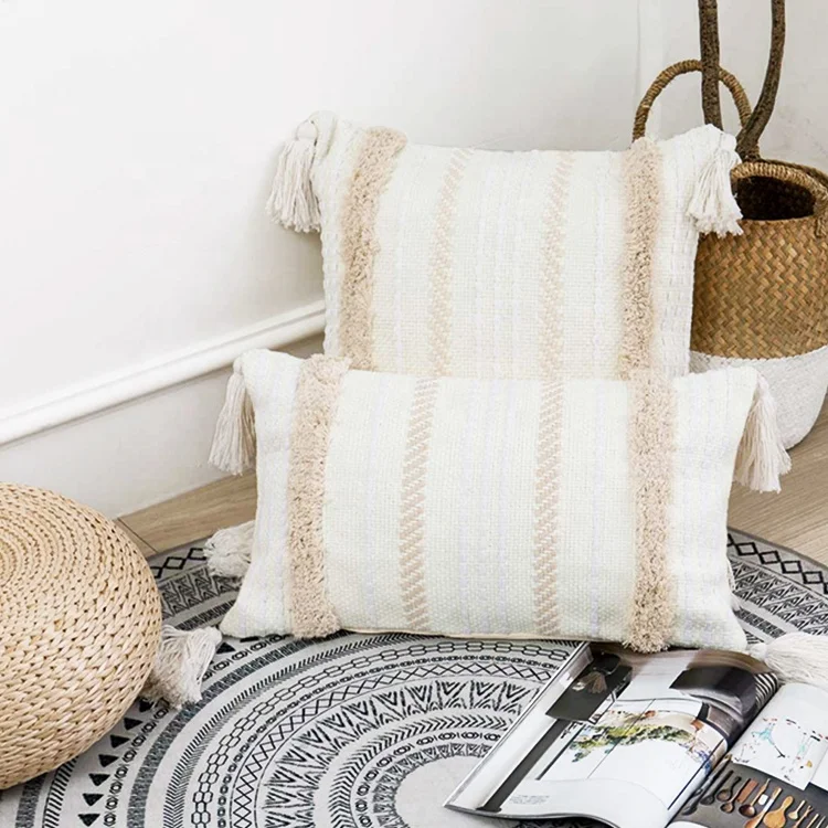 Decorative Bohemian Boho Ethnic Tassel Solid Cotton Linen Both Side  Cushion Cover For Sofa