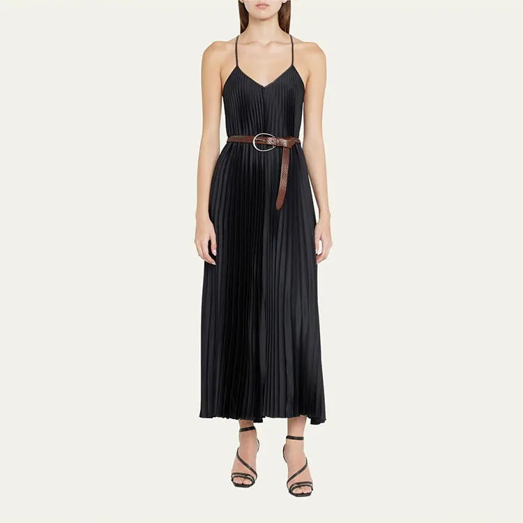 hot selling v neck sleeveless ankle length dress ladies all over pleated silk gown maxidress with strap